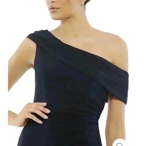 Mac Duggal Foldover Off the Shoulder Slit Gown 2 Maxi Dress Navy Trumpet Ruched - Picture 3 of 8